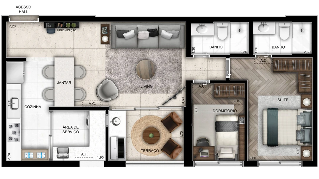 76m² - 1 Suíte - 2 Dormitórios