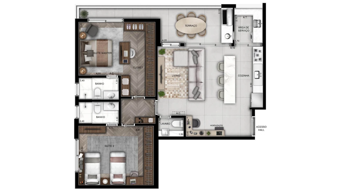 107m² - 2 Suítes - Living e Cozinha Integrados
