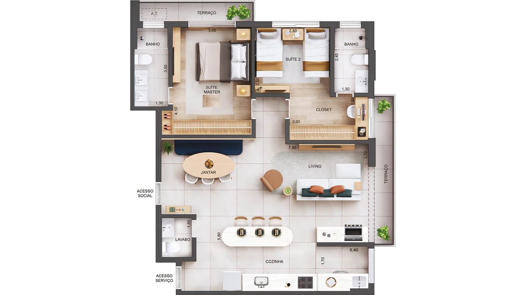 96m² - 2 Suítes - Living, terraço e cozinha integrados - 5° ao 20° Pavto