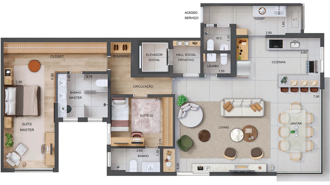 126m² - 2 Suítes - Banho master ampliado + Living, cozinha e terraço integrados - 5° ao 20° Pavto