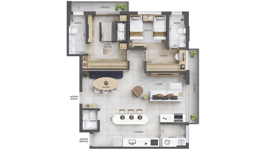 96m² - 2 Suítes - Living, terraço e cozinha integrados - 5° ao 20° Pavto