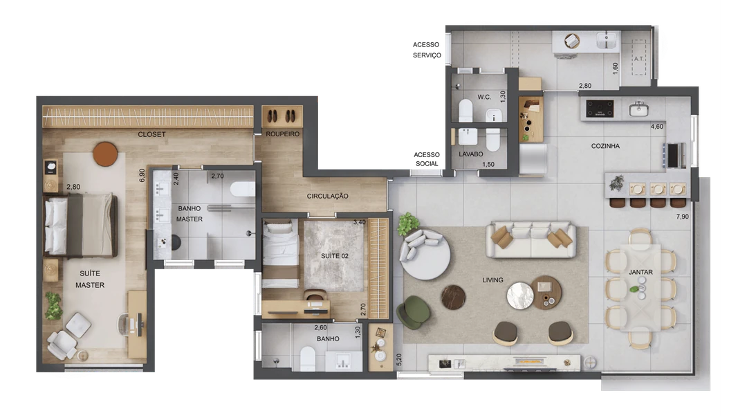 126m² - 2 suítes - Banho Master Ampliado - Living, Cozinha e Terraço Integrados. 1° ao 4° Pavto