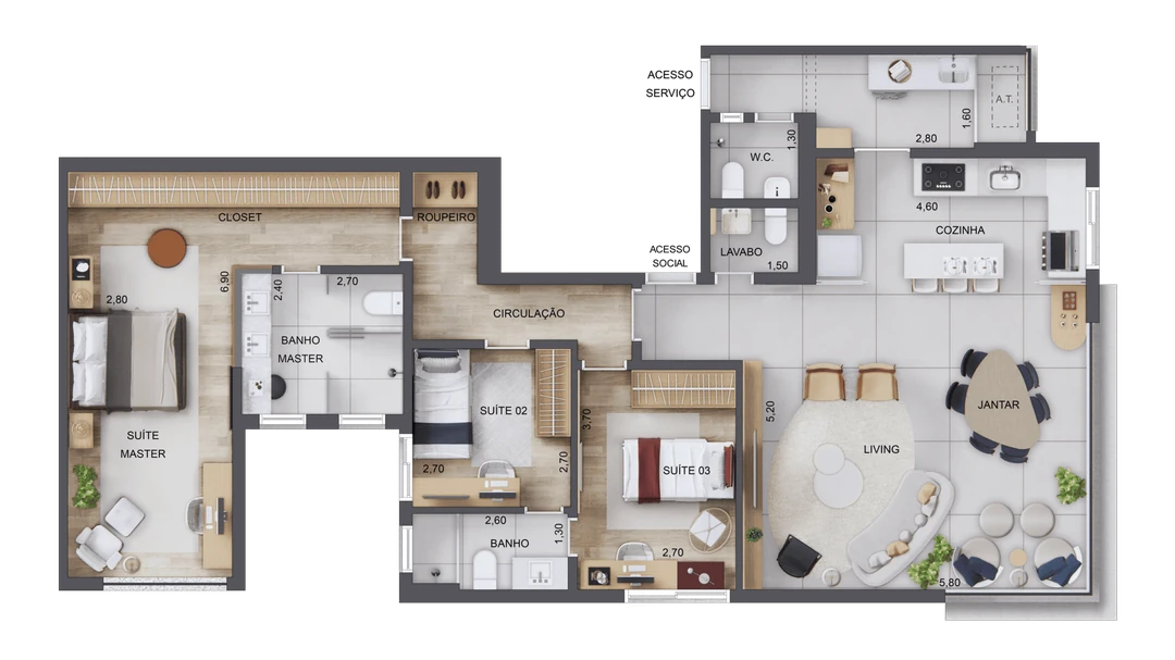 126m² - 3 Suítes - Banho master ampliado + Living, cozinha e terraço integrados. 1° ao 4° Pavto