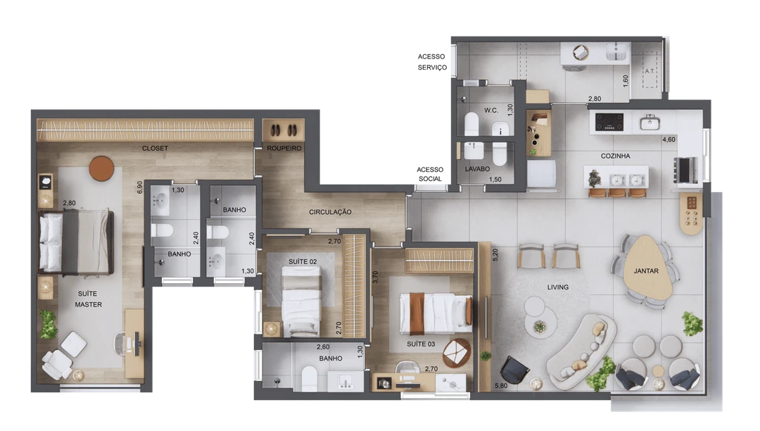 126m² - 3 Suítes - Living, terraço e cozinha integrados. 1° ao 4° Pavto