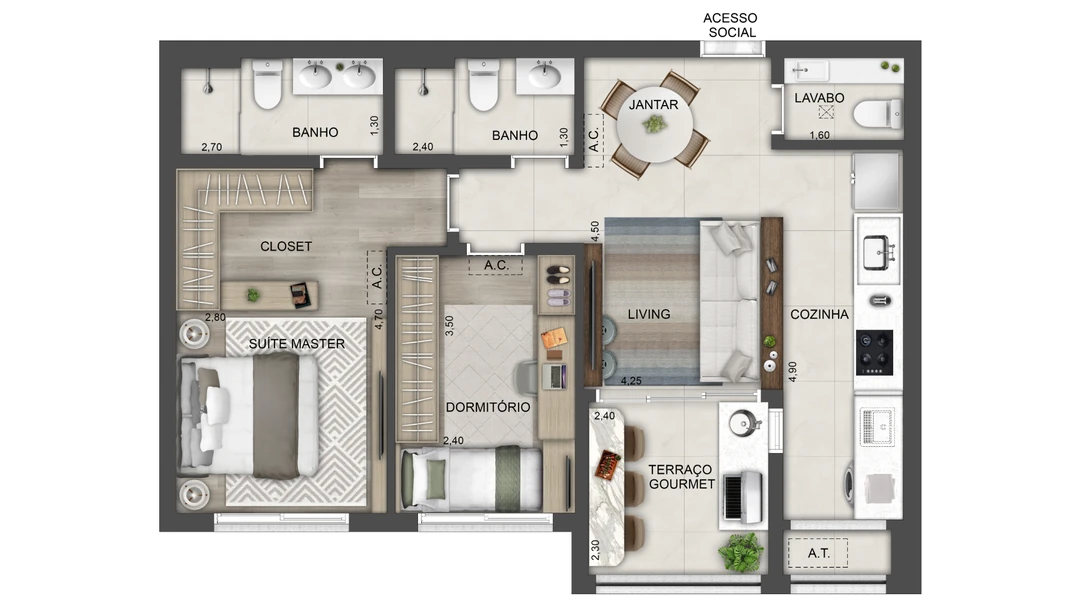 70m² - 2 Dormitórios (1 Suíte)