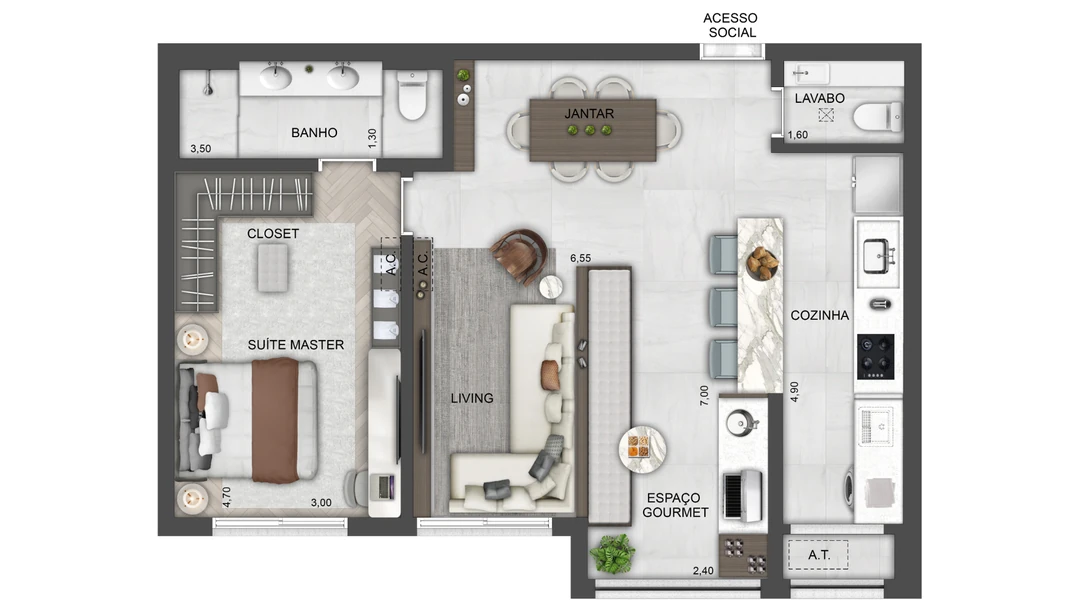 70m² - 1 Suíte - Living, cozinha e terraço integrados