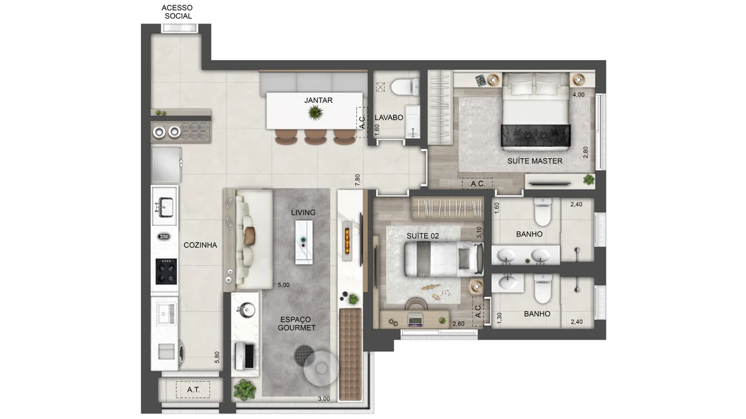 80m² - 2 Suítes - Living, cozinha e terraço integrados