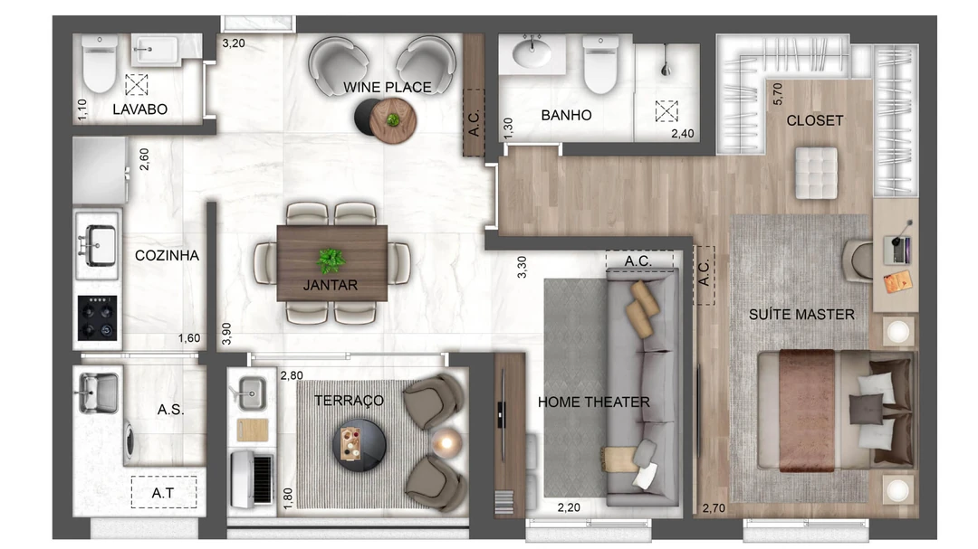 65m² - 1 Suíte - Home Theater + Lavabo