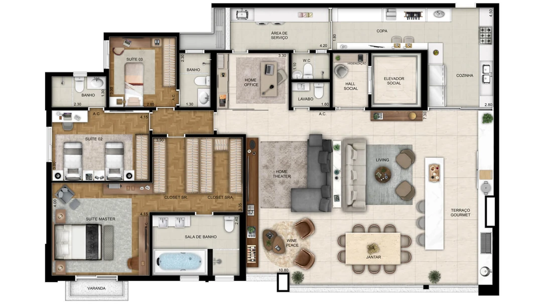 211m² - Sunrise - 3 Suítes - Suíte Master + Home Office + Living ampliado