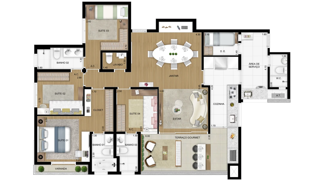 128m² - Planta tipo - 4 suítes
