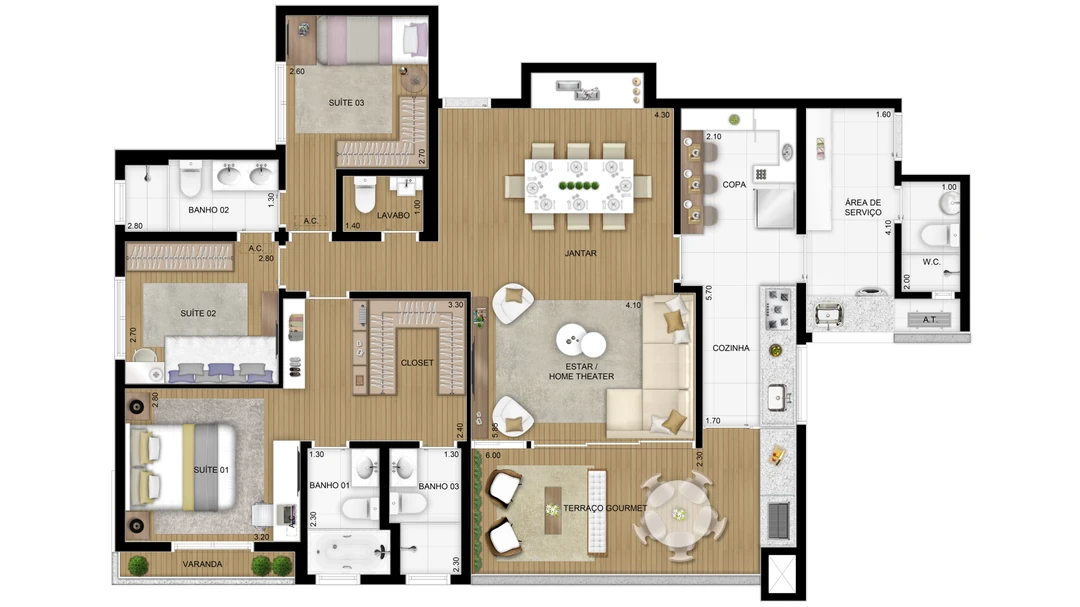 128m² - Planta opção - 3 suítes