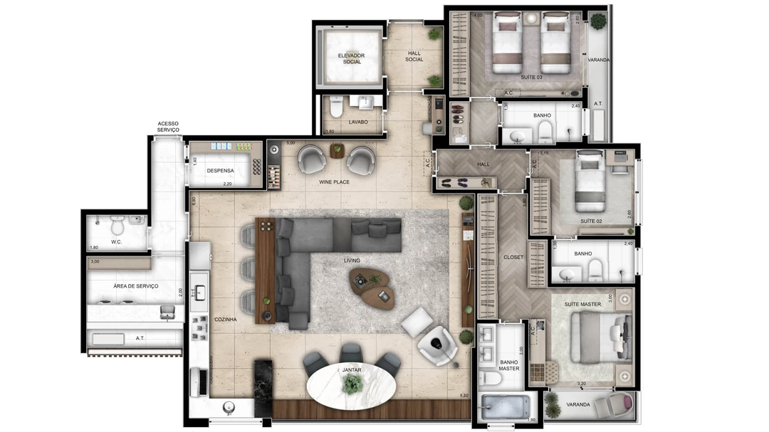 162m² - 3 Suítes - Living ampliado