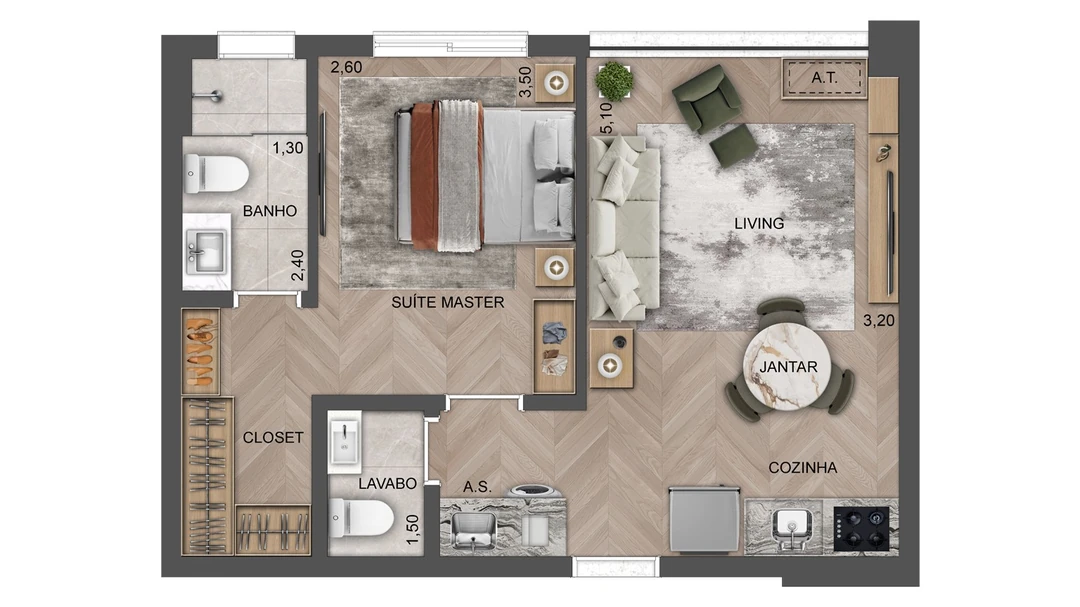 42m² - Suíte master - Living ampliado