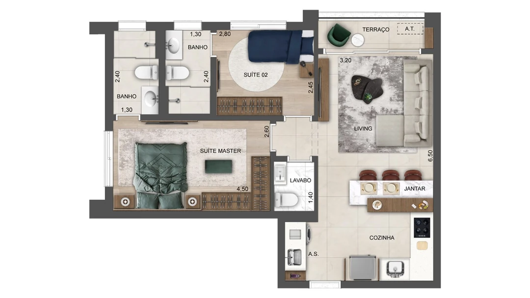 62m² - 2 Suítes