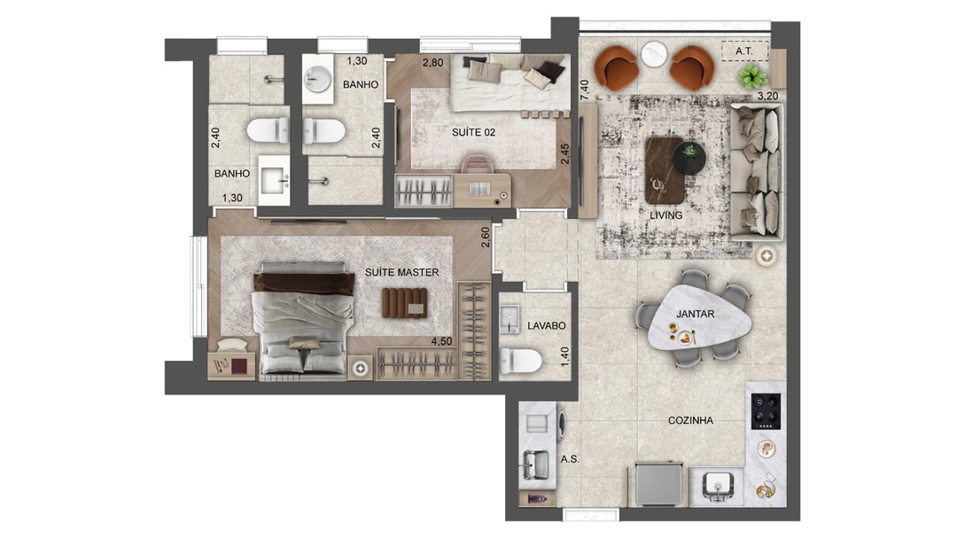 62m² - 2 Suítes - Living ampliado