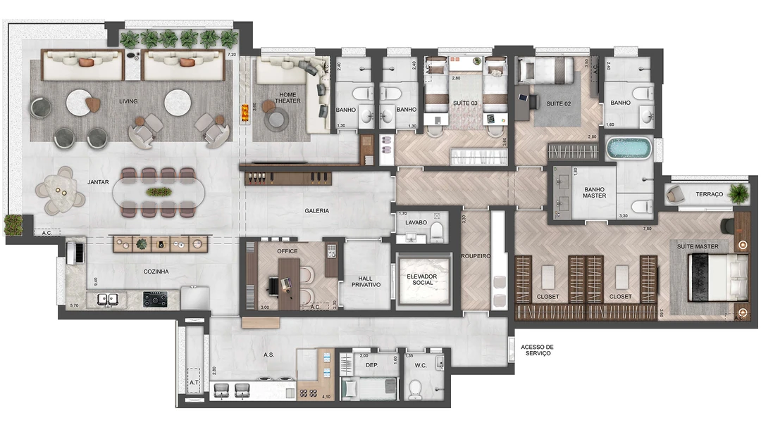 238m² - 3 Suítes - Living, cozinha e terraço integrados