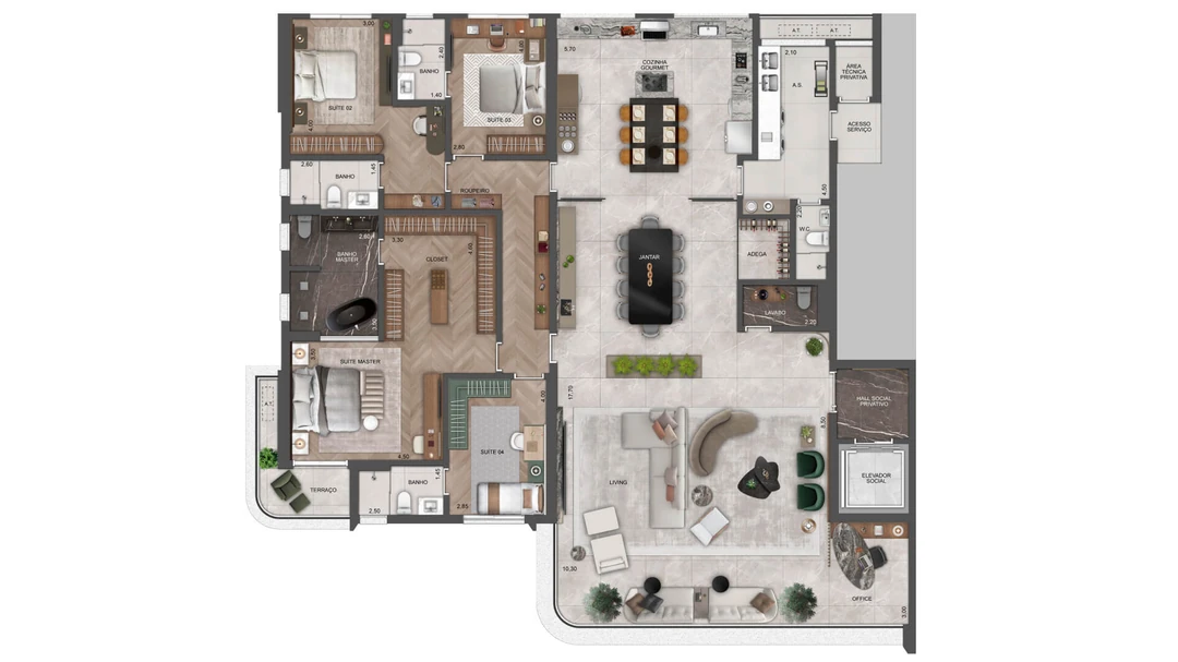 290m² - 4 Suítes - Banho master ampliado + Living, cozinha e terraço integrados