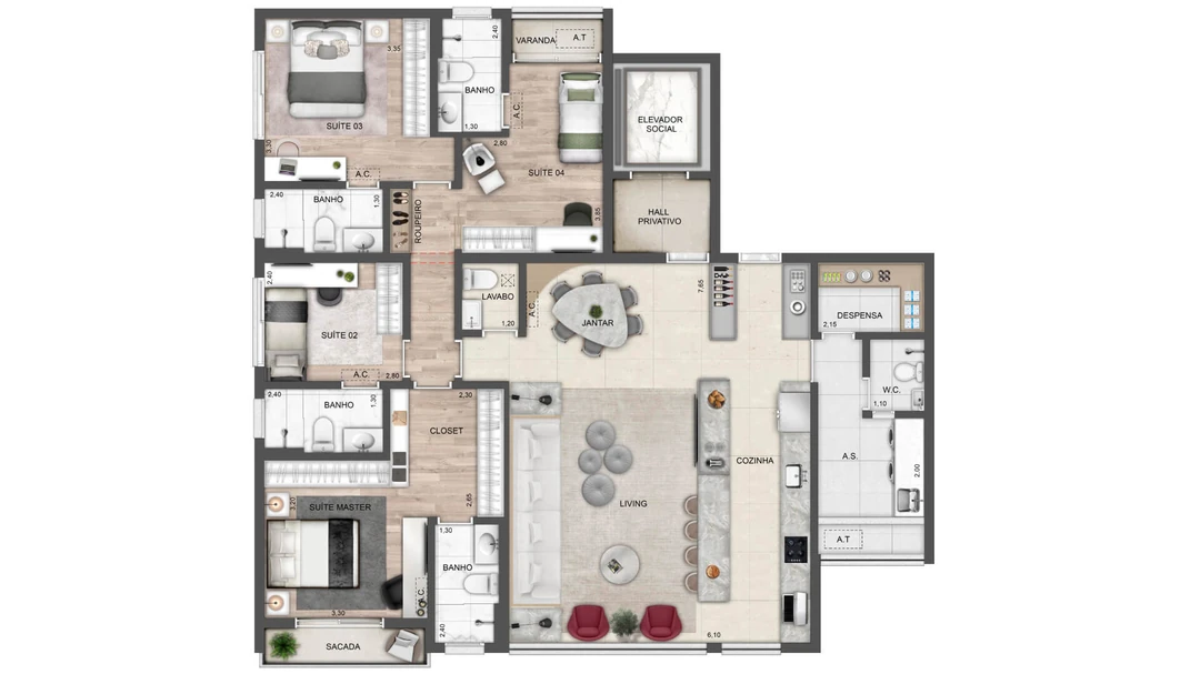 142m² - 4 Suítes - Living e Cozinha Integrados