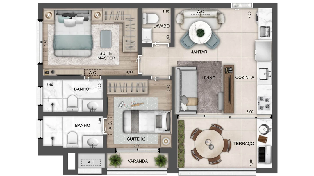 62m² - 2 Suítes - Cozinha Gourmet + Lavabo